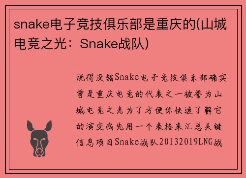 snake电子竞技俱乐部是重庆的(山城电竞之光：Snake战队)